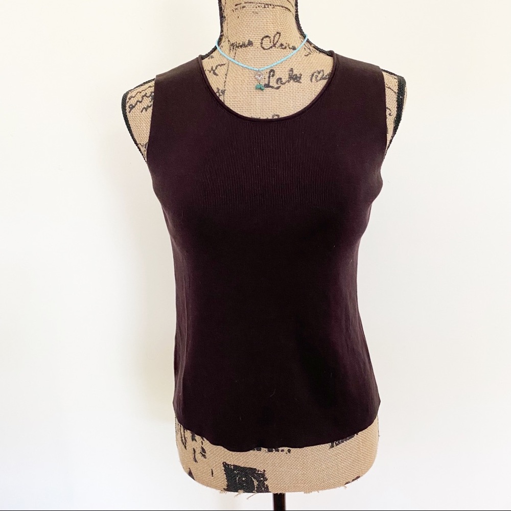Eileen Fisher Brown Silk Shell Ribbed Knit Top